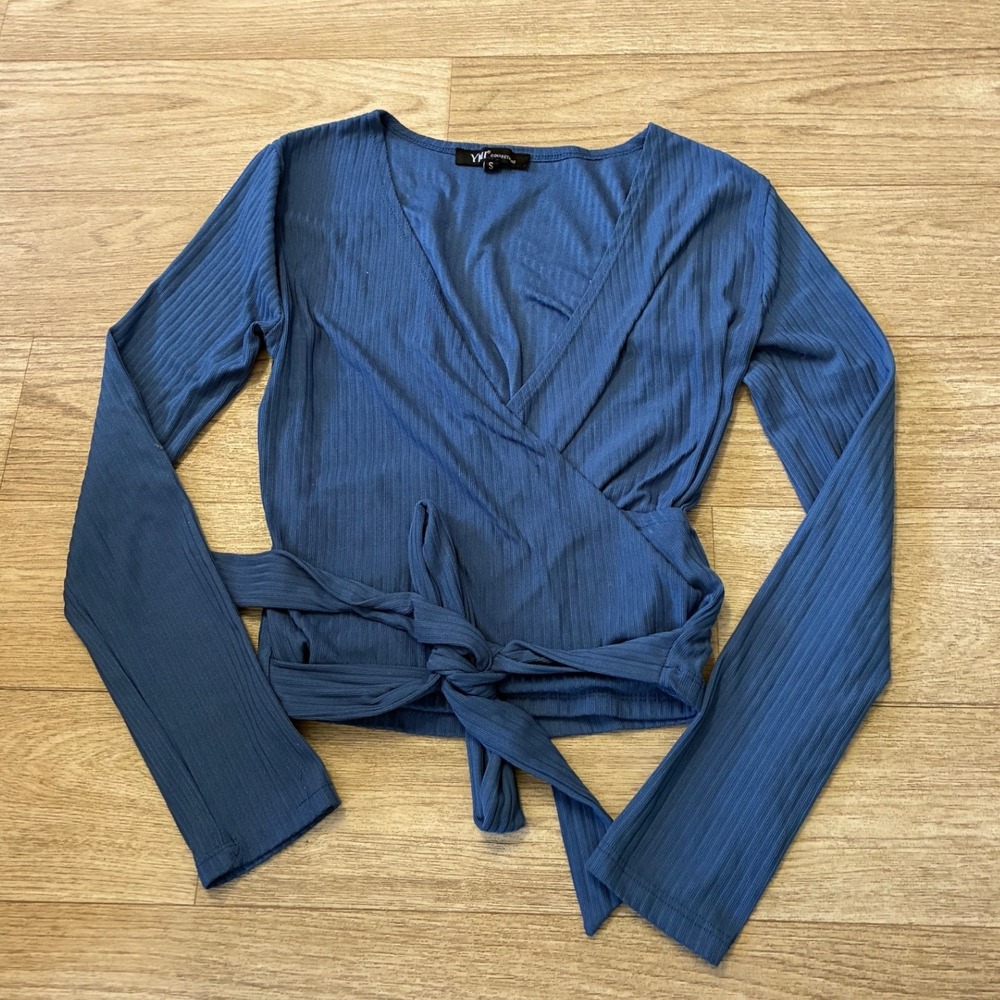 YMI Collections Womens Ribbed Wrap Top Long Sleeve Blue Surplice V-Neck Small